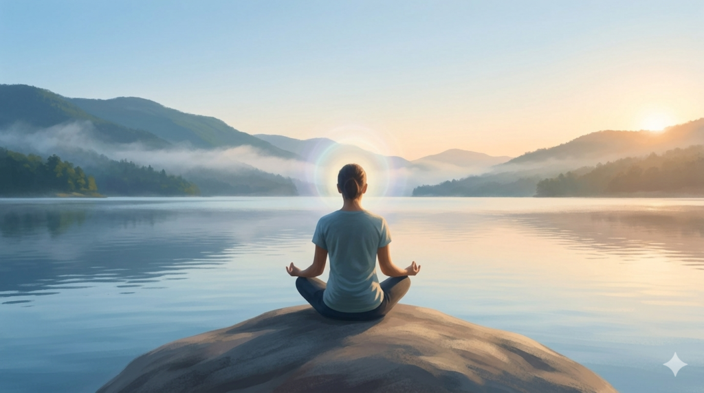 Pessoa em busca de uma mente forte através da solidão e meditação.