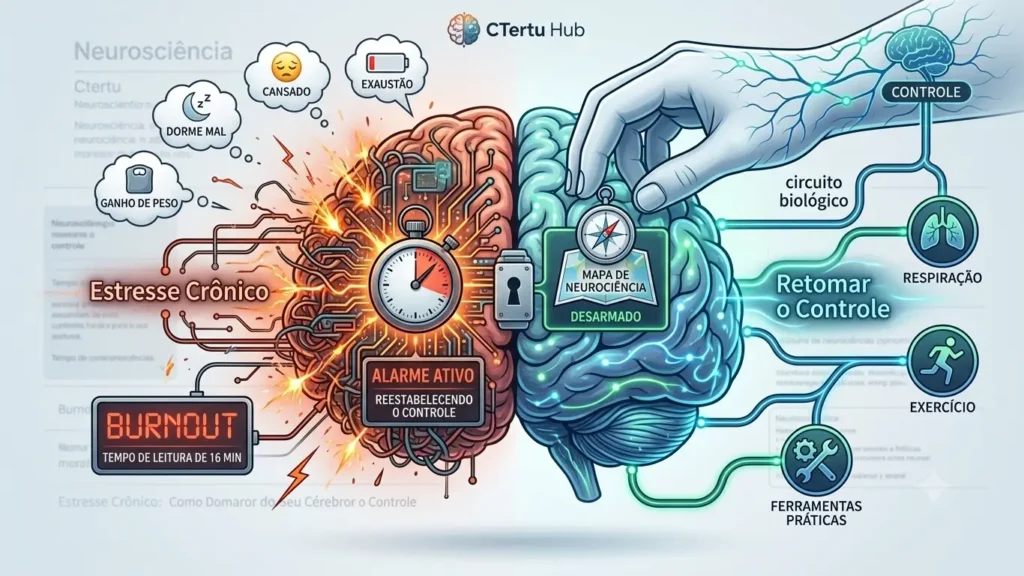 Ilustração conceitual sobre estresse crônico e neurociência dividida entre caos e controle