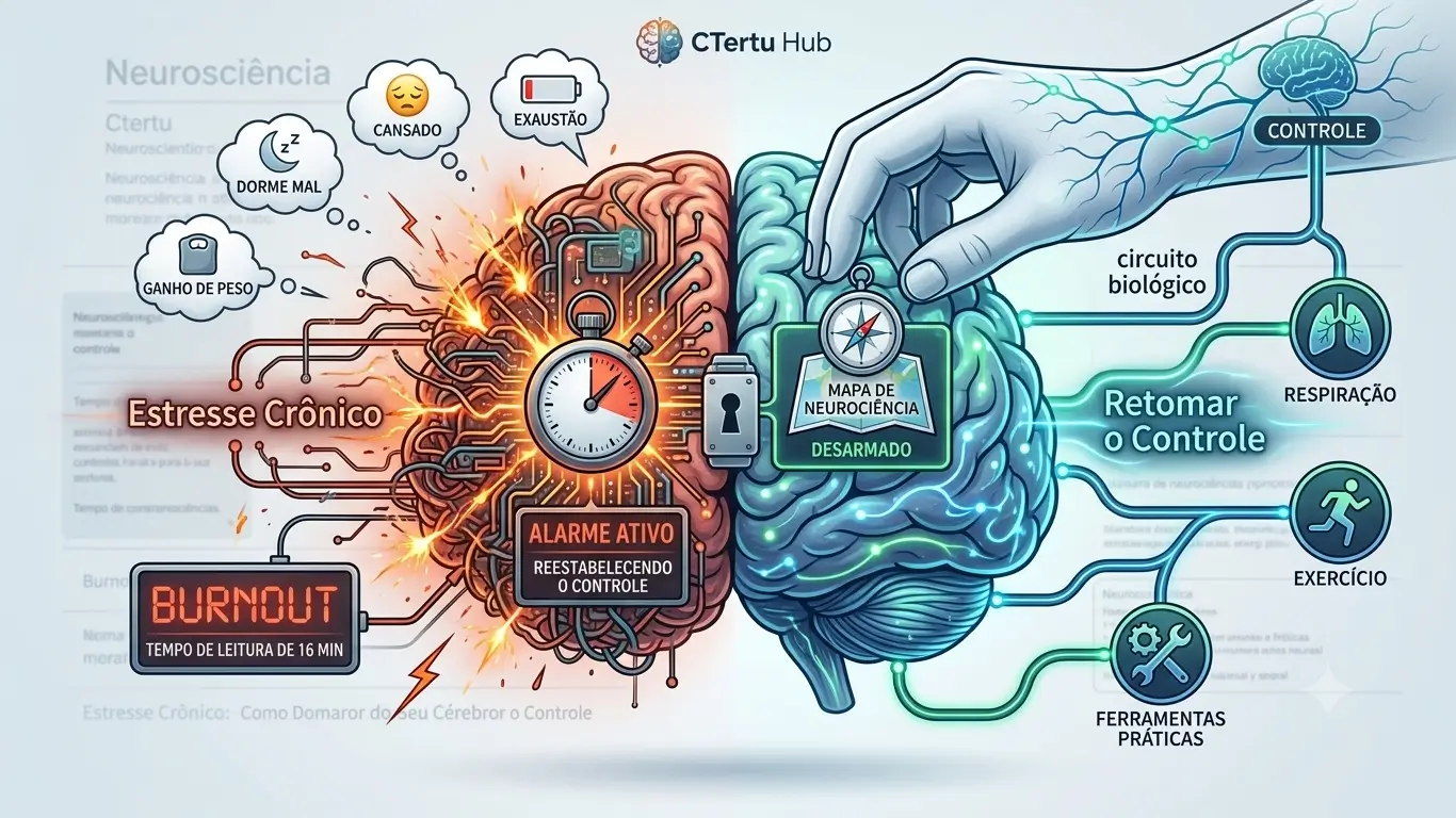 Ilustração conceitual sobre estresse crônico e neurociência dividida entre caos e controle