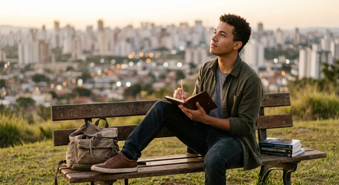 Jovem de 20 anos, com aparência serena e confiante, sentado em um ambiente externo com iluminação natural.