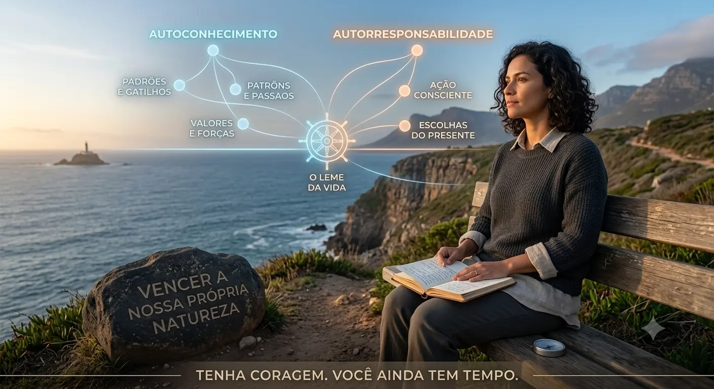 Mulher contemplando o mar enquanto reflete sobre autoconhecimento e autorresponsabilidade